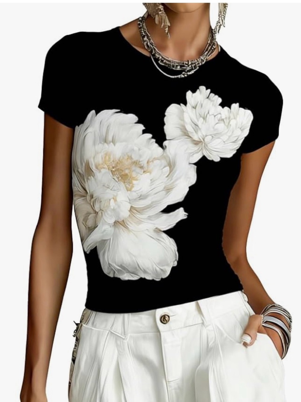 Floral Print Black Short-Sleeve Women's Top